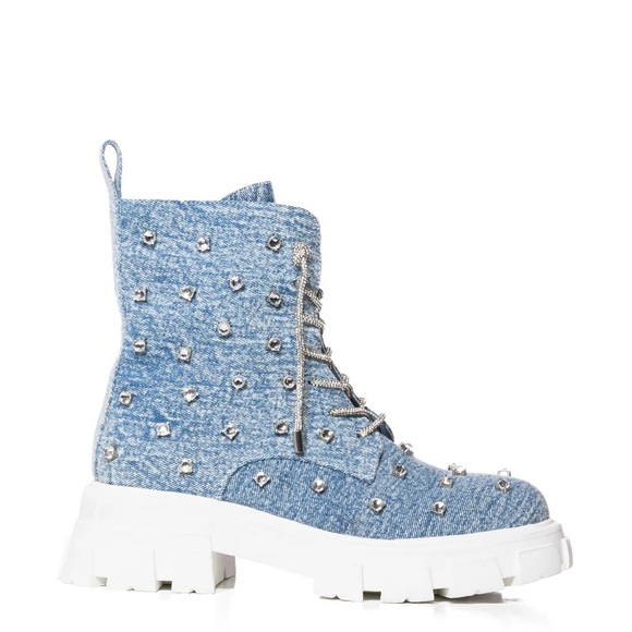 Azalea Wang Blue Denim Rhinestone Combat Boots - Picture 1 of 4